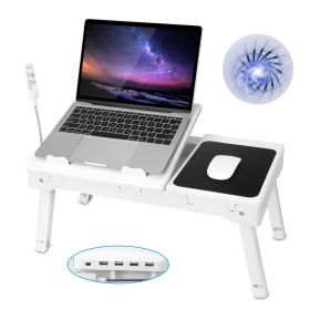 Foldable Laptop Table Bed Desk w/Cooling Fan Mouse Board LED 4 USB Ports Snacking Tray with Storage for Home Office (Color: White, size: One size)